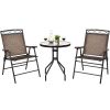 3 Piece Bistro Conversation Patio Bar Dinnerware Set with 2 Folding Chairs and Glass Table - Shown in the picture - Tempered glass + steel frame + fab