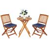 Set of 3 Patio Folding Wooden Bistro Set Upholstered Conversation Chairs Navy Blue Cushions - Navy Blue Cushion - Acacia Wood