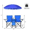 Portable Folding Picnic Double Chair W/Umbrella Table Cooler Beach Camping Chair - Blue - Nylon, Steel, Fabric