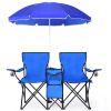 Portable Folding Picnic Double Chair W/Umbrella Table Cooler Beach Camping Chair - Blue - Nylon, Steel, Fabric