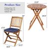 Set of 3 Patio Folding Wooden Bistro Set Upholstered Conversation Chairs Navy Blue Cushions - Navy Blue Cushion - Acacia Wood