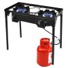 Double Burner Gas Propane Cooker Outdoor Camping Picnic Stove Stand BBQ Grill - Black - Cast iron