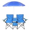 Double Folding Picnic Chairs w/Umbrella Mini Table Beverage Holder Carrying Bag for Beach Patio Pool Park Outdoor Portable Camping Chair (Blue) - Blue