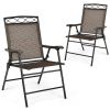 Set of 2 Patio Folding Chairs Sling Portable Dining Chair Set with Armrest - Black